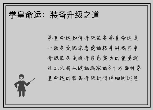 拳皇命运：装备升级之道