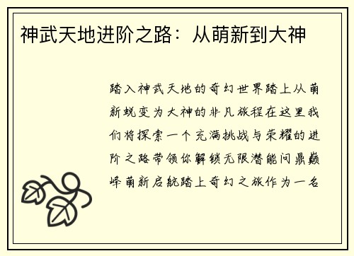 神武天地进阶之路：从萌新到大神